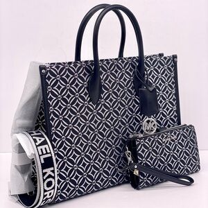 Michael Kors Mirella Medium Metallic Logo Jacquard Tote Bag and Wallet Set